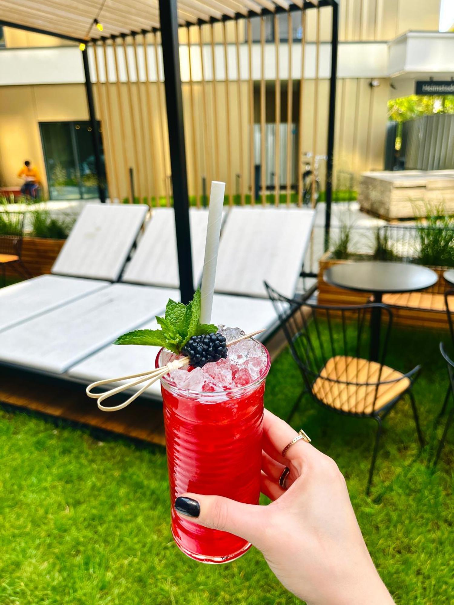 Aparthotel Royal Tulip Warsaw Centre Exterior foto The photo features a vibrant red cocktail served in a clear glass filled with crushed ice. The drink is garnished with a fresh mint leaf and a blackberry, and it has a straw. In the background, there are lounge chairs and a small table, suggesting a 